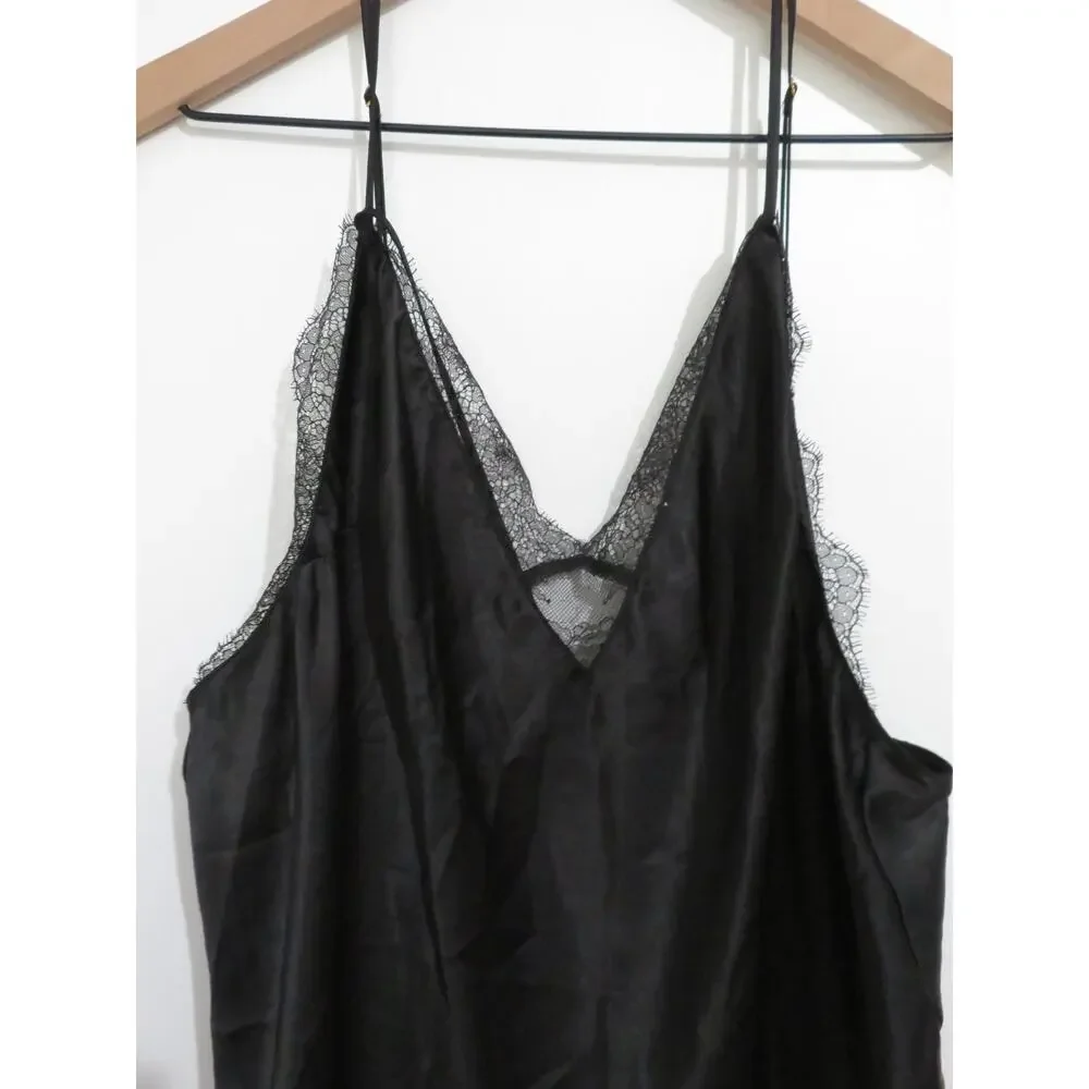 Victoria's Secret Women Sz XL Black Satin Slip Dress Lace Trim Silky Boudoir